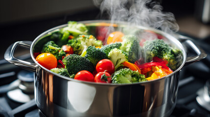 Colorful Fresh Vegetables – Broccoli, Bell Peppers, Carrots, and Cherry Tomatoes Cooking in Steaming Pot