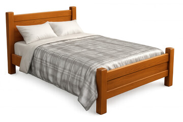 Minimalist wooden bed featuring gray plaid blanket, white pillows against transparent backdrop, ideal for interior design rendering