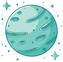 Cute cartoon planet with craters and stars in a simple space illustration