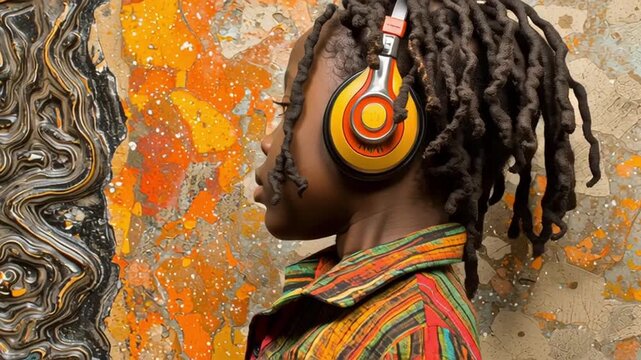 Colorful Child with Dreadlocks Enjoying Music in Vibrant, Textured Background with Headphones, Showcasing Blend of Colors and Textures