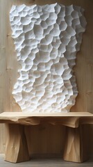 Obraz premium modern, minimalist 3D artwork of a textured, carved sculpture on a wooden pedestal, ideal for websites or blogs about abstract art, design, or sculpture.
