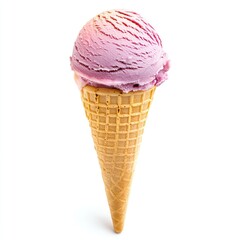 Purple ice cream scoop in waffle cone against white