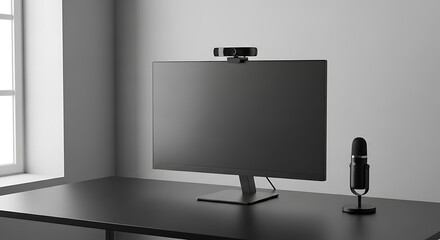 A modern workspace featuring a computer monitor, webcam, and microphone on a desk.