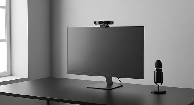 A modern workspace featuring a computer monitor, webcam, and microphone on a desk. - Powered by Adobe