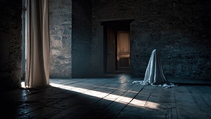 Ghostly figure draped in white fabric within an old stone room, sunbeams illuminating the floor