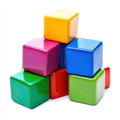 Colorful plastic building blocks arranged in a pyramid shape against a white background