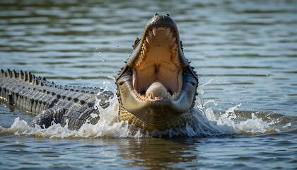 Powerful alligator emerges from water with its jaws wide open in a dynamic action shot
