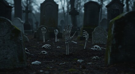 Spooky cemetery scene with skeletal hands reaching out of ground