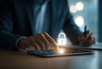 Businessperson using tablet with security lock overlay, signing documents