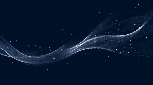 A minimalist illustration of a celestial wave. A single, stylized wave is composed of a simplified galaxy pattern. The rest of the image is a clean, dark blue void. Simple, elegant, vector illustratio