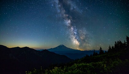 Night sky panorama with Milky Way and mountain silhouette