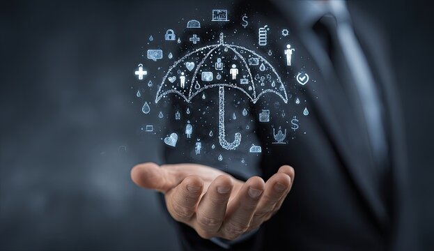 Businessperson's hand holding a holographic umbrella, surrounded by various healthcare and financial icons, representing protection and security - Powered by Adobe