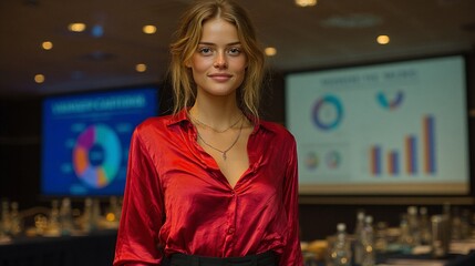 A woman in a red shirt standing in front of a bar.