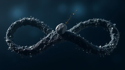 A tiny meteorite rests on an infinity symbol crafted from probability percentages.