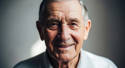 Warm smile from a distinguished older man, radiating wisdom and peaceful contentment in his later years
