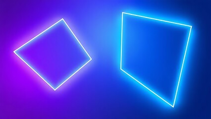 Futuristic composition of glowing geometric shapes in blue and purple gradients.