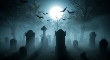 Spooky graveyard scene with bats and full moon at dusk