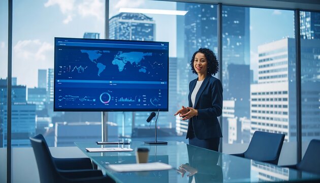 Businesswoman presenting data in modern office