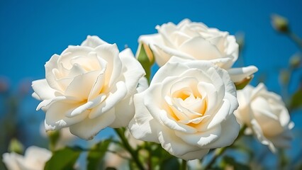 White roses against a blue sky, bathed in natural sunlight.