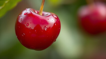 A close-up of a ripe cherry with water droplets, vibrant red against a softly blurred background.