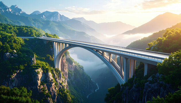 Modern concrete arch bridge crossing deep green mountain valley with mist and sunrise light