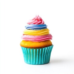 Colorful cupcake with vibrant pink, blue, and yellow frosting layers, sitting on a teal paper liner, against a white background