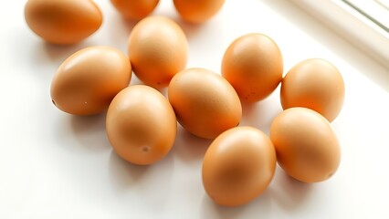 Fresh brown eggs arranged on white, highlighting natural textures in soft window light.