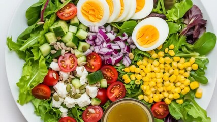 Fresh salad with eggs, tomatoes, corn, cucumber, onion, and feta cheese. - Powered by Adobe