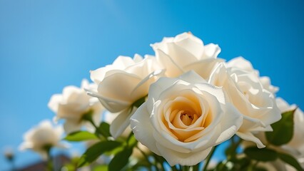 Fototapeta premium Close-up of pristine white roses against a vivid blue sky, capturing the essence of springtime beauty.