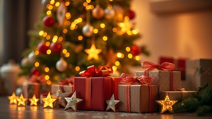 Festive holiday setup with decorated tree and gift boxes, evoking warmth and seasonal joy.