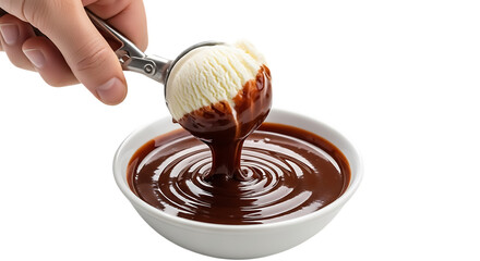 Vanilla ice cream scoop being dipped into chocolate sauce, isolated on transparent background