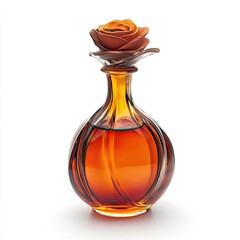 Amber glass perfume bottle with a sculpted, rose-shaped, copper-colored top