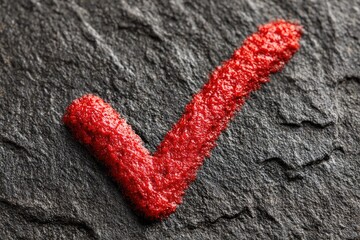 Red checkmark painted on dark stone