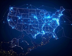 USA map with glowing city lights and connection lines