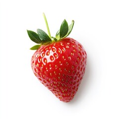 Single, ripe strawberry, top view, bright red, glossy skin, green leaves, stem, on white background