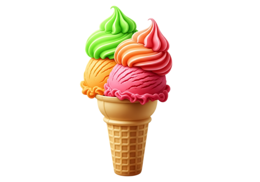 Three colorful swirls of ice cream in a waffle cone, featuring pink, orange, and green flavors, isolated on transparent background