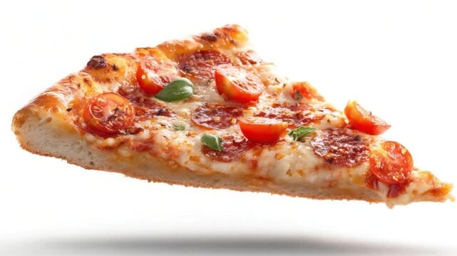 A delicious slice of pepperoni pizza with fresh toppings floating against a white background