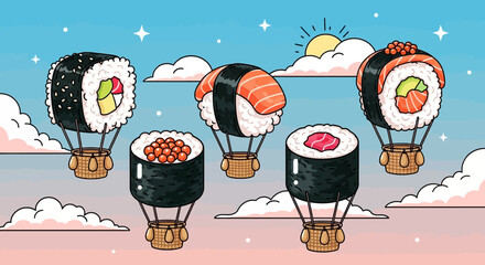 Cute sushi hot air balloons in a sky