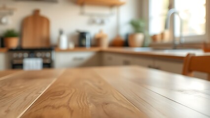 Close-up of a wooden table surface, highlighting natural wood grain with warm bokeh from soft kitchen light.