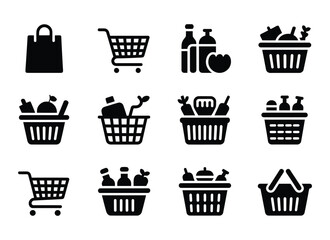 Collection of shopping carts baskets and bags filled with various food and grocery items simple vector design