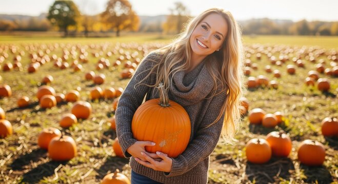 A smiling young woman holding a big pumpkin a field with harvested pumpkins - Powered by Adobe
