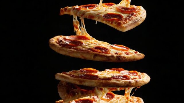 Delicious pepperoni pizza slices suspended in mid-air with melted cheese stretching, on a black background