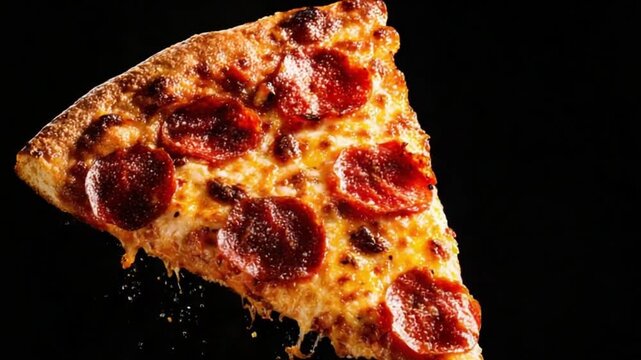 Delicious slice of pepperoni pizza on a black background with melted cheese and spices