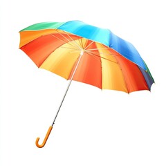 Vibrant multi-colored umbrella open, angled slightly, against a pure white background