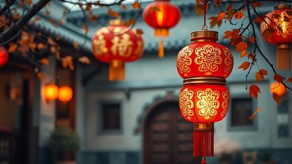 Vibrant red lantern with gold patterns glowing in a traditional courtyard, celebrating China National Day.