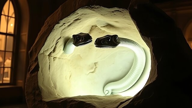A fossilized two-headed serpent emerging dramatically from stone under museum lighting, evoking ancient mysteries.