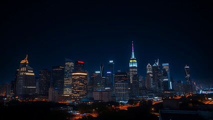 Obraz premium Nighttime city skyline with glowing windows and streetlights, capturing urban vibrancy.