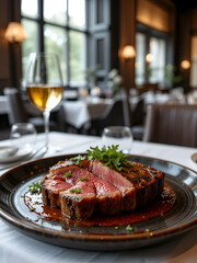 Una perfetta tagliata di manzo in un ristorante elegante, succulenta e preparata con maestria dallo chef.