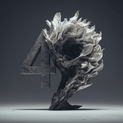 Abstract 3D rendering of the number 40, with a sculpted, organic, dark gray/white form around it