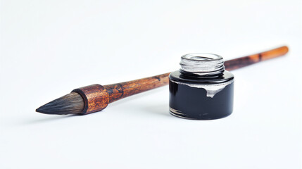 Calligraphy brush with ink bottle, cultural literacy tool, (clean modern detail, white isolated background